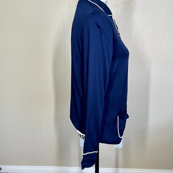 Splendid Navy top women button up shirt Long sleeve Piped Woven PJ size S sleep - Picture 8 of 13